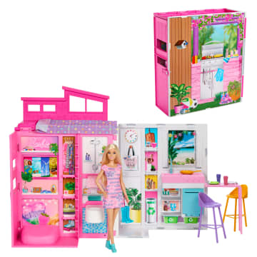 Barbie Maison portative et poupee 4pieces 11accessoires Mattel