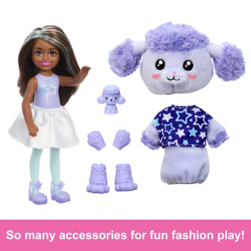 Barbie Cutie Reveal Cozy Cute Tees Series Chelsea Doll Accessories Plush Poodle Brunette Small Doll Mattel