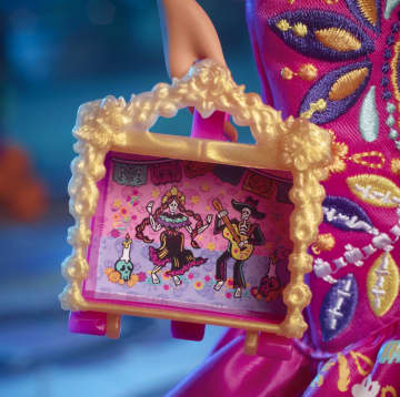 2023 Día De Muertos Barbie Doll Wearing Ruffled Pink Gown And Holding Tiny Ofrenda, Barbie Signature - Image 4 of 6