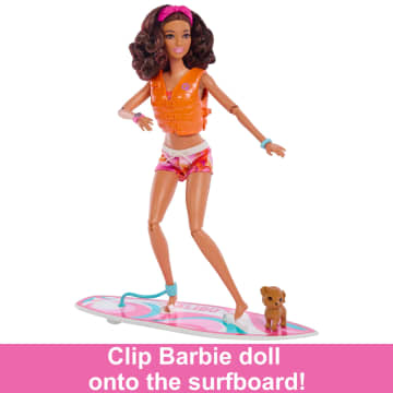 Barbie Doll With Surfboard And Puppy, Poseable Brunette Barbie Beach Doll - Imagen 4 de 6