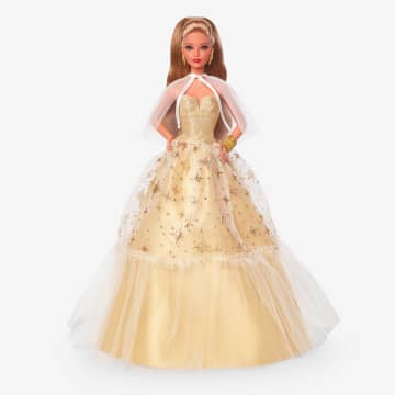 Barbie-Barbie Joyeux Noël 2023-Poupée Robe Dorée Et Cheveux Châtains - Imagen 1 de 9