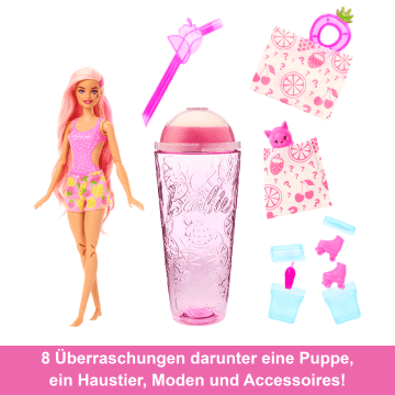 Barbie Pop Reveal Fruit Serie Erdbeerlimonade Puppe, 8 Überraschungen, Inklusive Haustier, Schleim, Duft Und Farbwechsel