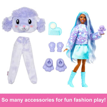 Barbie Cutie Reveal Doll & Accessories, Cozy Cute Tees Poodle, “Star” Tee, Blue & Purple Streaked Hair, Brown Eyes