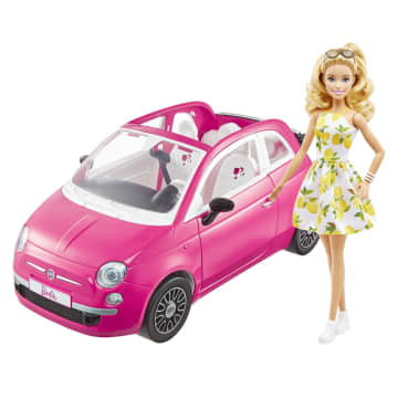 Barbie con su coche Fiat Muñeca rubia con vestido de moda y vehículo rosa de juguete - Imagen 1 de 6