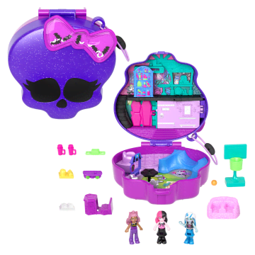 3 Mikro Bebek Ve 10 Aksesuar Bulunan, Açıldığında Liseye Dönüşen Polly Pocket Monster High Kompakt Oyun Seti