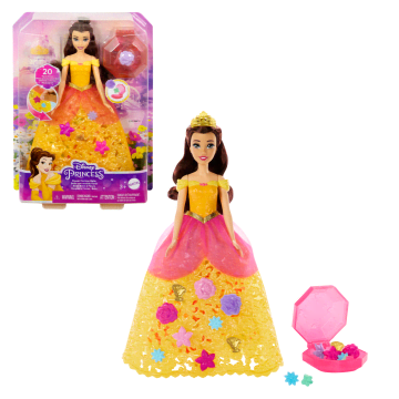 Disney Princesas Bella Vestido De Florecillas Muñeca Con 20 Adornos, Falda Personalizable Y Estuche De Almacenamiento