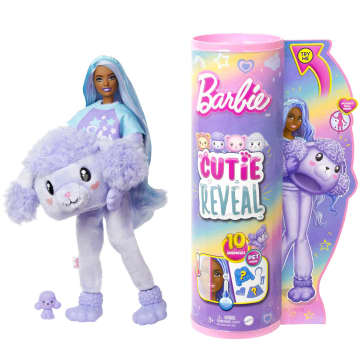 Barbie Cutie Reveal Puppe und Accessoires, Pudel der Cozy Cute Serie, T-Shirt mit dem Aufdruck Star“, Haare mit blauen und violetten Strähnen, braune Augen