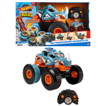 Hot Wheels Monster Trucks Hw Ferngesteuerter, Umbaubarer Rhinomite Im Maßstab 1:12 Mit Spielzeug-Truck Im Maßstab 1:64