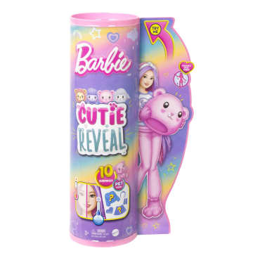 Barbie Cutie Reveal Doll & Accessories, Cozy Cute Tees Teddy Bear in “Love” T-shirt, Purple-Streaked Pink Hair & Brown Eyes