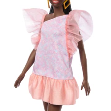 Muñeca Barbie Fashionistas N. 216 Con Cuerpo Alto, Cabello Recto Negro Y Vestido Melocotón, 65. Aniversario