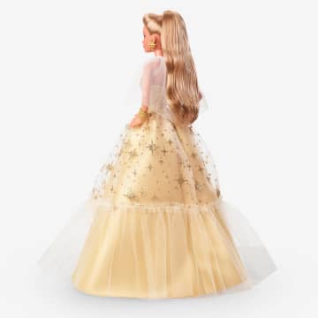 Barbie-Barbie Joyeux Noël 2023-Poupée Robe Dorée Et Cheveux Châtains - Imagen 6 de 9