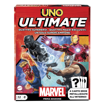 Uno Ultimate Marvel Gioco Di Carte Con 4 Carte Laminate Da Collezione: Black Panther, Captain Marvel, Iron Man E Thor