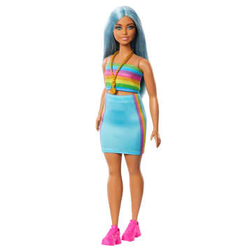 Muñeca Barbie Fashionistas N. 218 Con Pelo Azul, Top De Arcoíris Y Falda Turquesa, 65. Aniversario