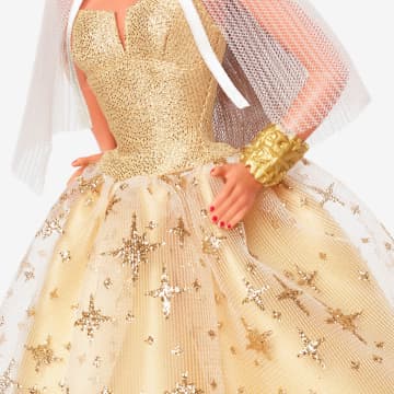 Feestelijke Barbie Pop 2023, Seizoensgebonden Cadeau Voor Verzamelaars, Goudkleurige Japon En Lichtbruin Haar - Image 4 of 6