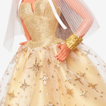 Feestelijke Barbie Pop 2023, Seizoensgebonden Cadeau Voor Verzamelaars, Goudkleurige Japon En Lichtbruin Haar