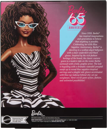 Barbie Signature 65e verjaardagsexemplaar Pop voor verzamelaars, met bruin haar en zwart-witte avondjapon
