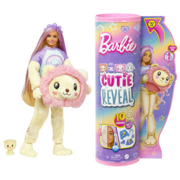 Barbie Cutie Reveal Puppe und Accessoires, Löwe der Cozy Cute Serie, T-Shirt mit dem Aufdruck Hope“, blonde Haare mit violetten Strähnen, braune Augen