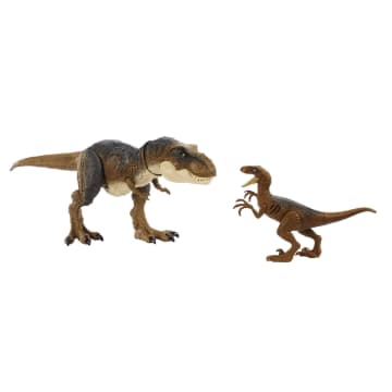 Dos Dinosaurios De Juguete De Jurassic World Con Tiranosaurio Rex Y Velocirraptor Con Daños Durante La Batalla - Image 1 of 6