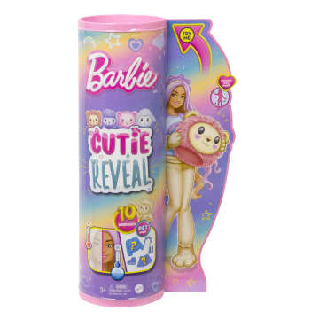 Barbie Cutie Reveal Puppe und Accessoires, Löwe der Cozy Cute Serie, T-Shirt mit dem Aufdruck Hope“, blonde Haare mit violetten Strähnen, braune Augen