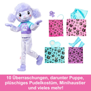 Barbie Cutie Reveal Puppe und Accessoires, Pudel der Cozy Cute Serie, T-Shirt mit dem Aufdruck Star“, Haare mit blauen und violetten Strähnen, braune Augen