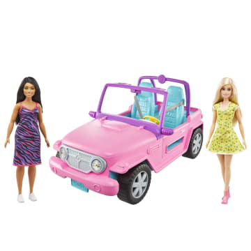 Barbie y su amiga en el coche Dos muñecas con vehículo todoterreno rosa de juguete