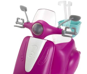 Barbie Doll, Blonde, and Pink and White Scooter with Kickstand and Teal Basket