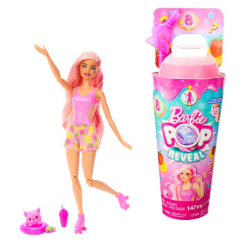 Barbie Pop Reveal Fruit Serie Erdbeerlimonade Puppe, 8 Überraschungen, Inklusive Haustier, Schleim, Duft Und Farbwechsel - Image 1 of 6