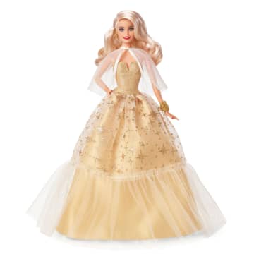 Feestelijke Barbie Pop 2023, Seizoensgebonden Cadeau Voor Verzamelaars, Goudkleurige Japon En Blond Haar - Image 1 of 5