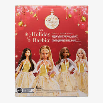 Barbie-Barbie Joyeux Noël 2023-Poupée Robe Dorée Et Cheveux Châtains - Imagen 9 de 9