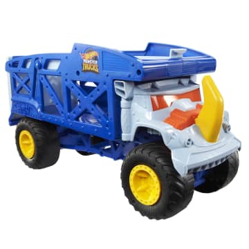 Hot Wheels Monster Trucks Rino Camión de transporte de coches de juguete con pista