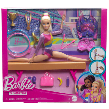 Barbie Turnen Speelset Met Blonde Modepop, Evenwichtsbalk, 10+ Accessoires En Saltofunctie
