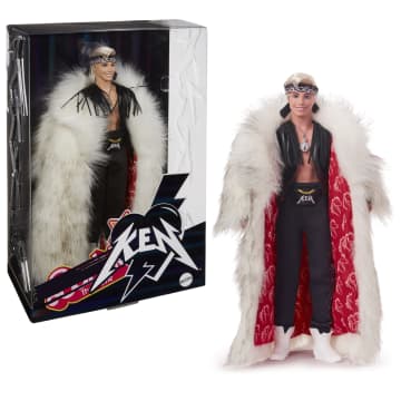 Barbie The Movie Collectible Ken Doll Wearing Big Faux Fur Coat And Black Fringe Vest With Bandana