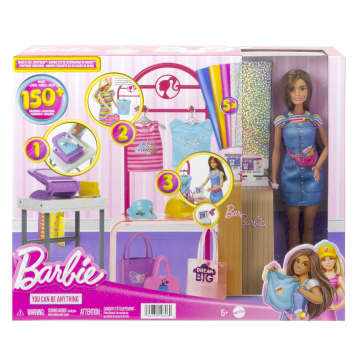 Barbie Maak- En Verkoopboetiek, Speelset Met Bruinharige Pop, Tools Voor Folieontwerpen, Kleding En Accessoires