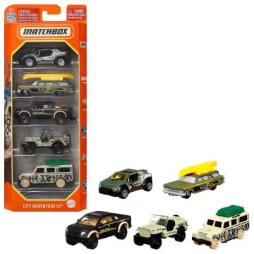 Confezione da 5 veicoli Matchbox in scala 1:64, 5 repliche giocattolo da collezione di auto reali - Image 1 of 7
