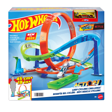 Hot Wheels Action Loop Cyclone Challenge Track Set With 1:64 Scale Toy Car, Easy Storage