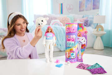 Barbie Cutie Reveal Cozy Cute Tees Doll & Accessories, Lamb in “Dream” T-shirt, Pink-Streaked Blond Hair & Blue Eyes
