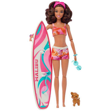 Barbie Pop met surfboard en puppy, beweegbare Barbie strandpop, brunette - Imagen 1 de 6