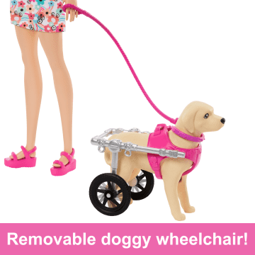 Barbie Doll With A Toy Pup And Dog In A Wheelchair, Plus Pet Accessories