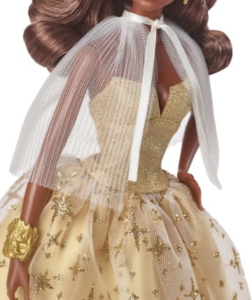 2023 Holiday Barbie Doll, Seasonal Collector Gift, Golden Gown And Dark Brown Hair - Image 4 of 6