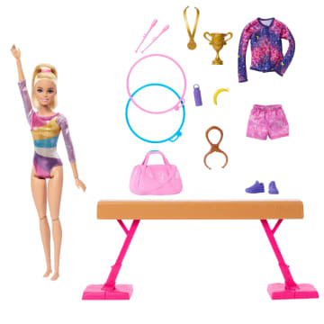 Barbie Turnen Speelset Met Blonde Modepop, Evenwichtsbalk, 10+ Accessoires En Saltofunctie