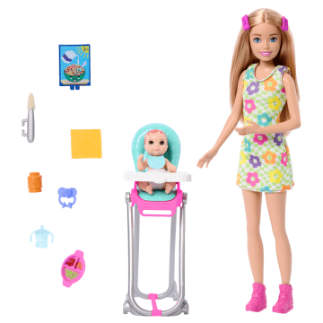 Barbie Muñeca Skipper Niñera Con Trona, Bebé Y Accesorios