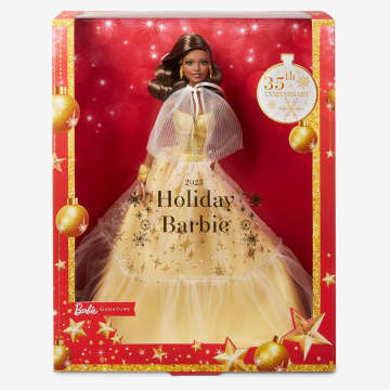 Barbie-Barbie Joyeux Noël 2023-Poupée Robe Dorée Et Cheveux Bruns