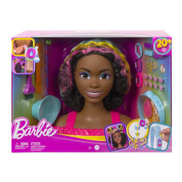 Barbie Tête À Coiffer Brune Frisée Avec Mèches Arc-En-Ciel
