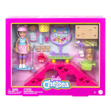 Barbie Spielzeug, Chelsea-Puppe und Zubehörteile, Skatepark-Spielset mit 2 Welpen und mehr als 15 Teilen