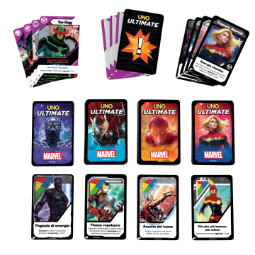 Uno Ultimate Marvel Gioco Di Carte Con 4 Carte Laminate Da Collezione: Black Panther, Captain Marvel, Iron Man E Thor