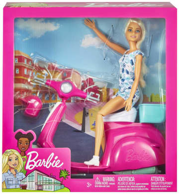 Barbie Doll, Blonde, and Pink and White Scooter with Kickstand and Teal Basket