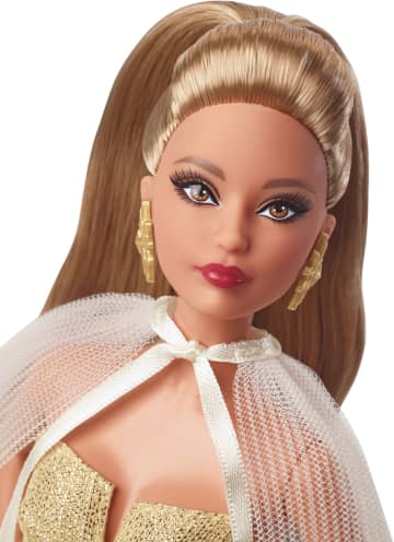 Feestelijke Barbie Pop 2023, Seizoensgebonden Cadeau Voor Verzamelaars, Goudkleurige Japon En Lichtbruin Haar