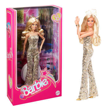 Koleksiyona uygun Barbie filmi bebeği, altın rengi disko tulumu giyen Margot Robbie Barbie rolünde - Image 1 of 7