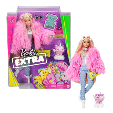 Barbie Extra Doll in Pink Fluffy Coat with Unicorn-Pig Toy