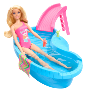 Barbie Pop En Zwembad, Speelset, Blonde Pop Met Zwembad, Glijbaan, Handdoek En Drinkaccessoires